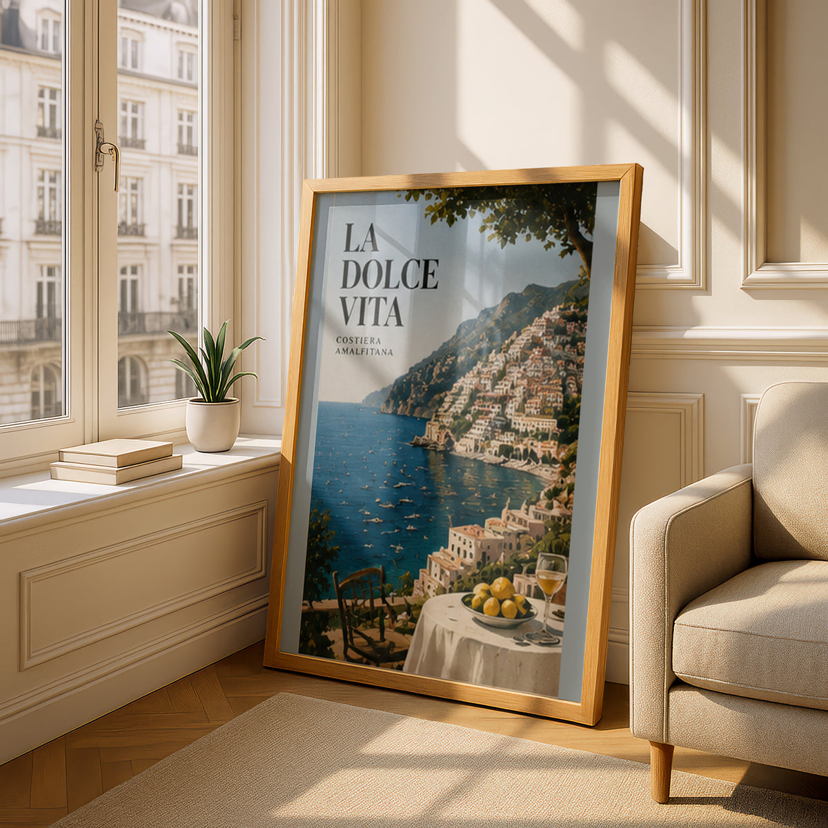 La Dolce Vita Amalfi Coast Poster, Italian Coastal Wall Art, Lemon Terrace Vintage Travel Print — styling mockup 4