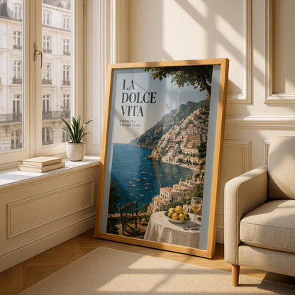 La Dolce Vita Amalfi Coast Poster, Italian Coastal Wall Art, Lemon Terrace Vintage Travel Print — styling mockup 4