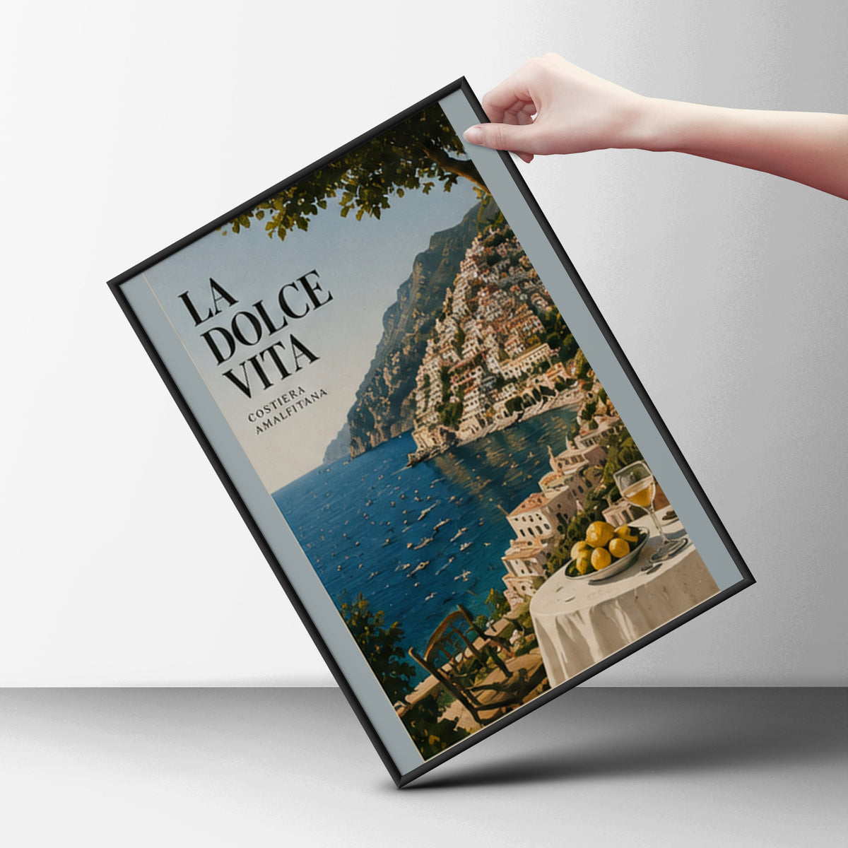 La Dolce Vita Amalfi Coast Poster, Italian Coastal Wall Art, Lemon Terrace Vintage Travel Print — styling mockup 6