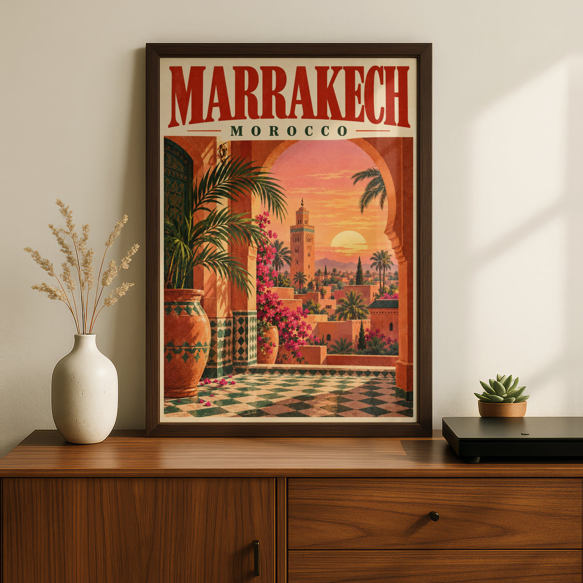 Marrakech Morocco Poster, Vintage Travel Wall Art, Sunset Minaret Art Print — styling mockup 2