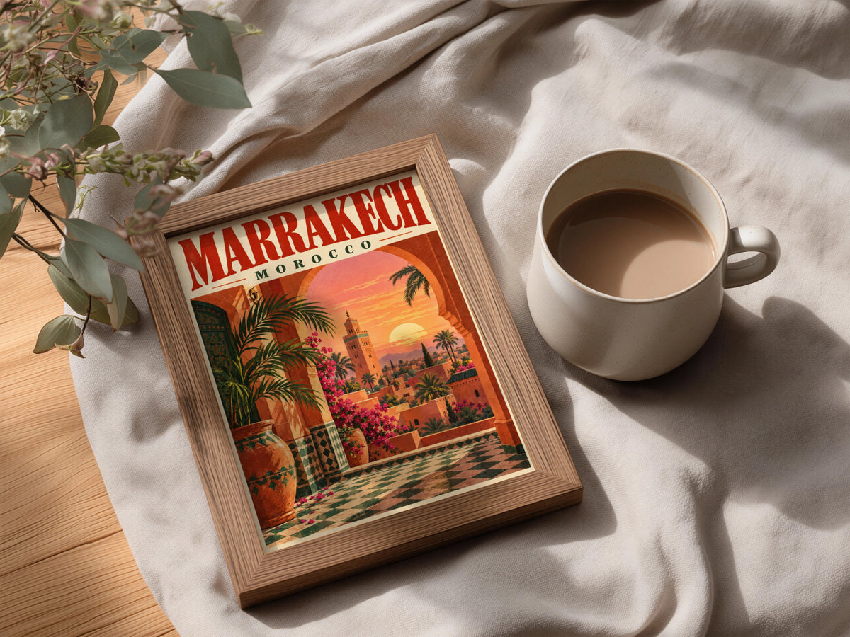 Marrakech Morocco Poster, Vintage Travel Wall Art, Sunset Minaret Art Print — styling mockup 3