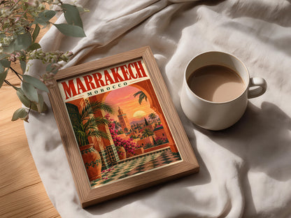 Marrakech Morocco Poster, Vintage Travel Wall Art, Sunset Minaret Art Print — styling mockup 3