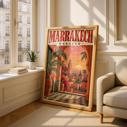 Marrakech Morocco Poster, Vintage Travel Wall Art, Sunset Minaret Art Print — styling mockup 4