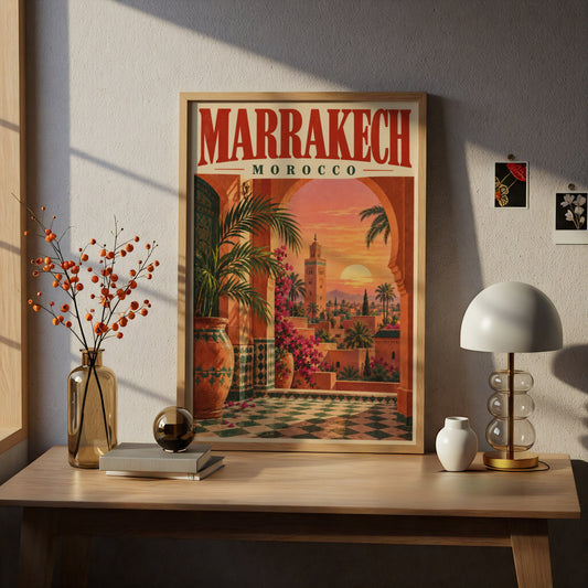 Marrakech Morocco Poster, Vintage Travel Wall Art, Sunset Minaret Art Print — styling mockup 5