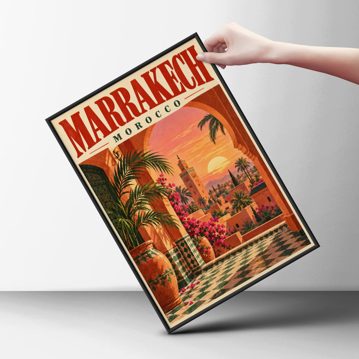 Marrakech Morocco Poster, Vintage Travel Wall Art, Sunset Minaret Art Print — styling mockup 6