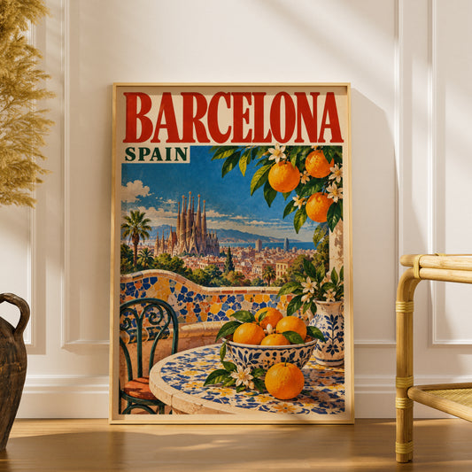Barcelona Spain Poster, Vintage Travel Wall Art, Sagrada Familia Art Print, Mosaic Orange Tree Decor — styling mockup 1