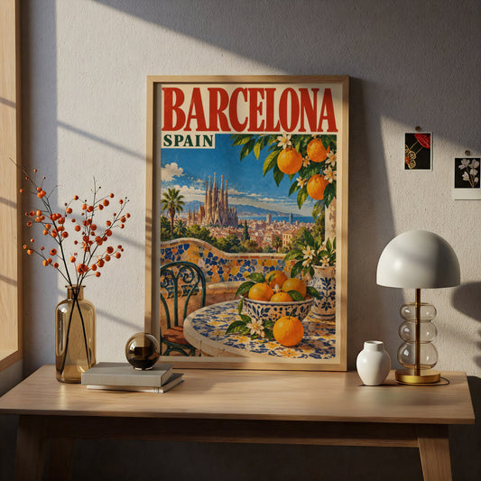 Barcelona Spain Poster, Vintage Travel Wall Art, Sagrada Familia Art Print, Mosaic Orange Tree Decor — styling mockup 5
