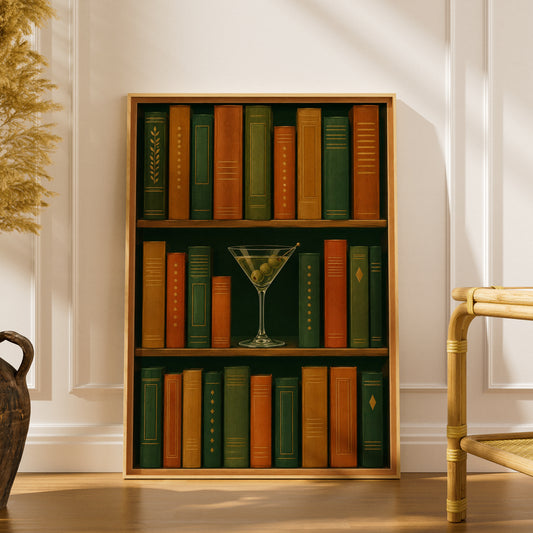 Martini and Bookshelf Poster, Vintage Library Wall Art Print, Green Orange Books, Bar Cart Decor — styling mockup 1