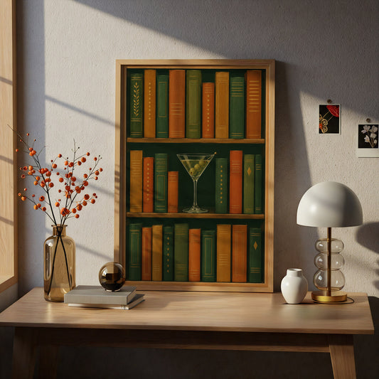Martini and Bookshelf Poster, Vintage Library Wall Art Print, Green Orange Books, Bar Cart Decor — styling mockup 5