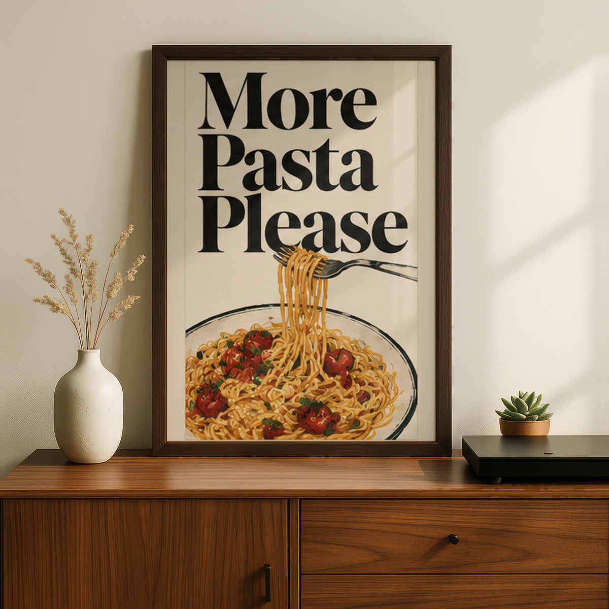 More Pasta Please Kitchen Poster, Vintage Italian Food Wall Art, Retro Spaghetti Art Print for — styling mockup 2