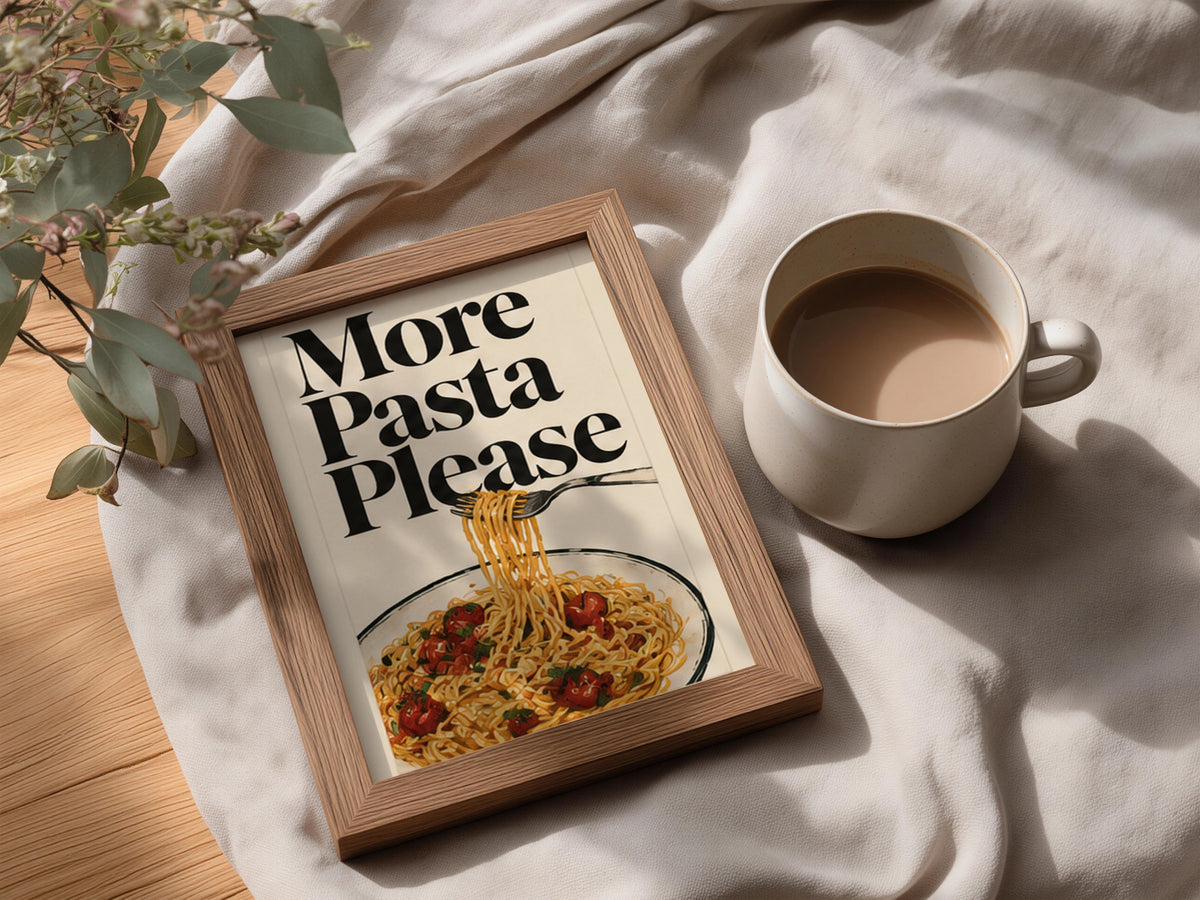 More Pasta Please Kitchen Poster, Vintage Italian Food Wall Art, Retro Spaghetti Art Print for — styling mockup 3