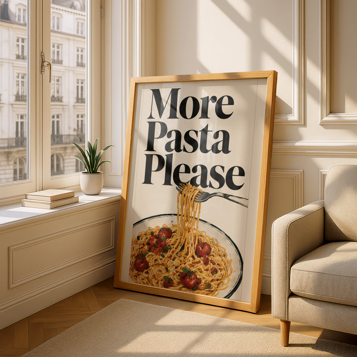 More Pasta Please Kitchen Poster, Vintage Italian Food Wall Art, Retro Spaghetti Art Print for — styling mockup 4