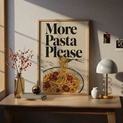 More Pasta Please Kitchen Poster, Vintage Italian Food Wall Art, Retro Spaghetti Art Print for — styling mockup 5