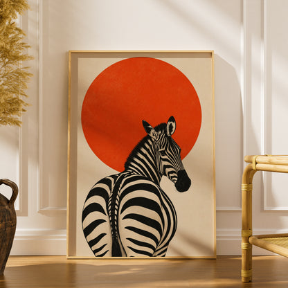 Zebra Poster, Orange Sun Wall Art, Retro Japanese Style Animal Art Print, Black and Cream Decor — styling mockup 1