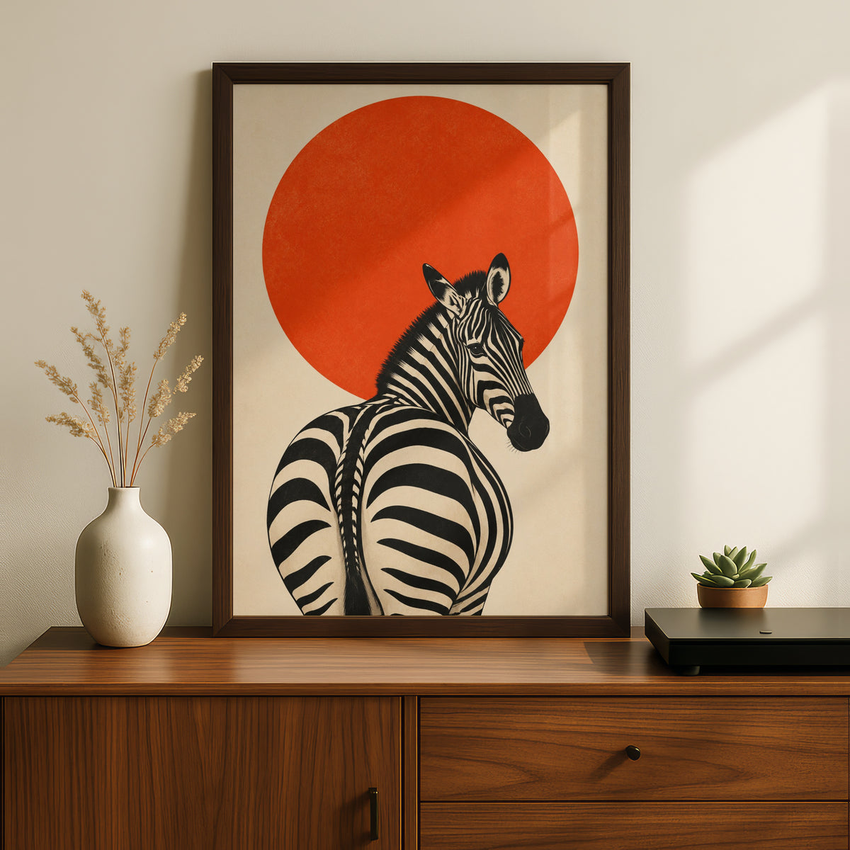 Zebra Poster, Orange Sun Wall Art, Retro Japanese Style Animal Art Print, Black and Cream Decor — styling mockup 2