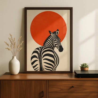 Zebra Poster, Orange Sun Wall Art, Retro Japanese Style Animal Art Print, Black and Cream Decor — styling mockup 2