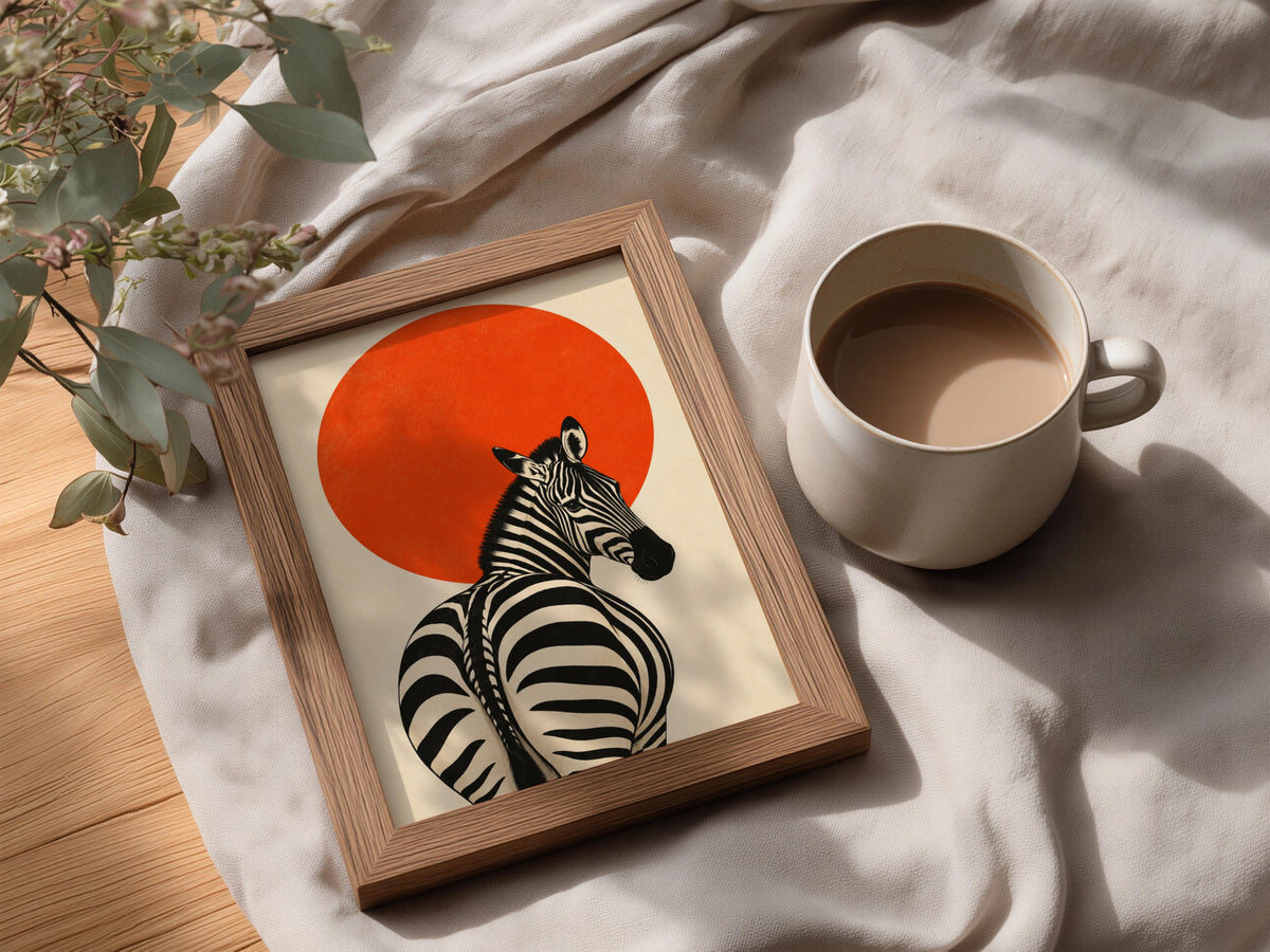 Zebra Poster, Orange Sun Wall Art, Retro Japanese Style Animal Art Print, Black and Cream Decor — styling mockup 3
