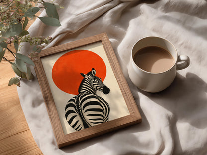 Zebra Poster, Orange Sun Wall Art, Retro Japanese Style Animal Art Print, Black and Cream Decor — styling mockup 3