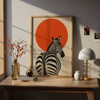 Zebra Poster, Orange Sun Wall Art, Retro Japanese Style Animal Art Print, Black and Cream Decor — styling mockup 5