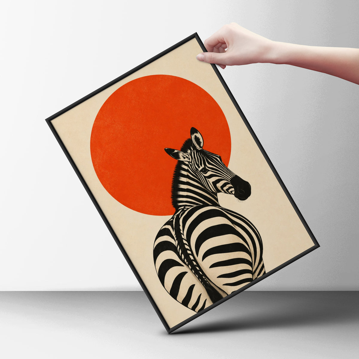 Zebra Poster, Orange Sun Wall Art, Retro Japanese Style Animal Art Print, Black and Cream Decor — styling mockup 6
