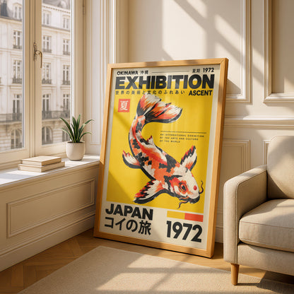 Koi Fish Exhibition Poster, Vintage Japanese Wall Art, Retro Yellow Orange Print, Okinawa 1972 — styling mockup 4