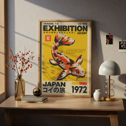 Koi Fish Exhibition Poster, Vintage Japanese Wall Art, Retro Yellow Orange Print, Okinawa 1972 — styling mockup 5