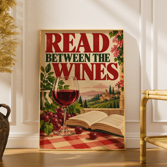 Read Between The Wines Poster, Vintage Wine Wall Art, Tuscan Vineyard Art Print, Kitchen Decor — styling mockup 1