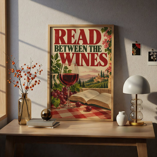 Read Between The Wines Poster, Vintage Wine Wall Art, Tuscan Vineyard Art Print, Kitchen Decor — styling mockup 5