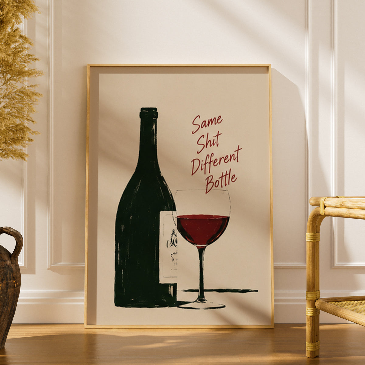 Funny Wine Poster, Red Wine Glass and Bottle Wall Art, Kitchen Bar Print, Humorous Quote Art Print — styling mockup 1