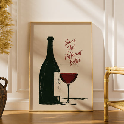 Funny Wine Poster, Red Wine Glass and Bottle Wall Art, Kitchen Bar Print, Humorous Quote Art Print — styling mockup 1
