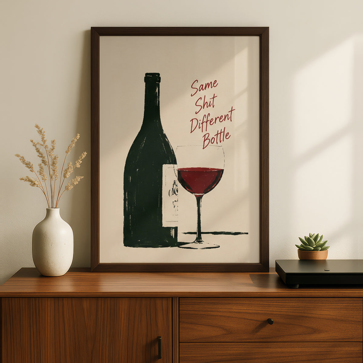 Funny Wine Poster, Red Wine Glass and Bottle Wall Art, Kitchen Bar Print, Humorous Quote Art Print — styling mockup 2