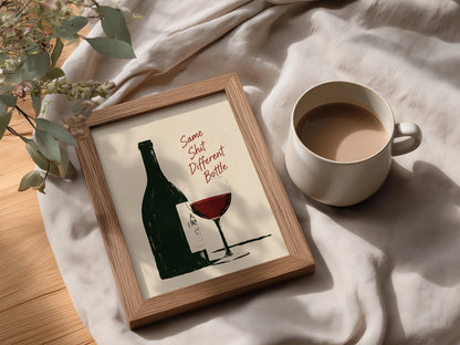 Funny Wine Poster, Red Wine Glass and Bottle Wall Art, Kitchen Bar Print, Humorous Quote Art Print — styling mockup 3