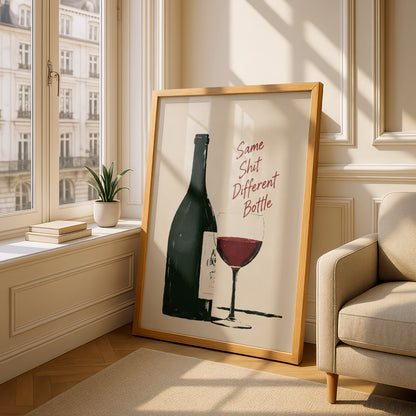 Funny Wine Poster, Red Wine Glass and Bottle Wall Art, Kitchen Bar Print, Humorous Quote Art Print — styling mockup 4