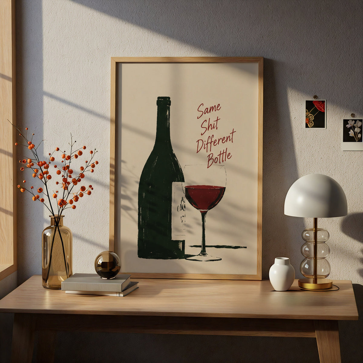 Funny Wine Poster, Red Wine Glass and Bottle Wall Art, Kitchen Bar Print, Humorous Quote Art Print — styling mockup 5
