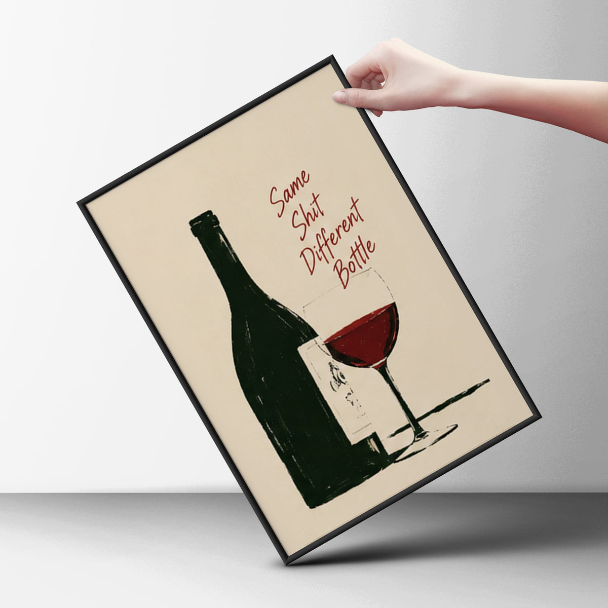 Funny Wine Poster, Red Wine Glass and Bottle Wall Art, Kitchen Bar Print, Humorous Quote Art Print — styling mockup 6