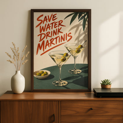 Save Water Drink Martinis Poster, Retro Cocktail Wall Art Print, Olive Green Bar Cart Kitchen Decor — styling mockup 2