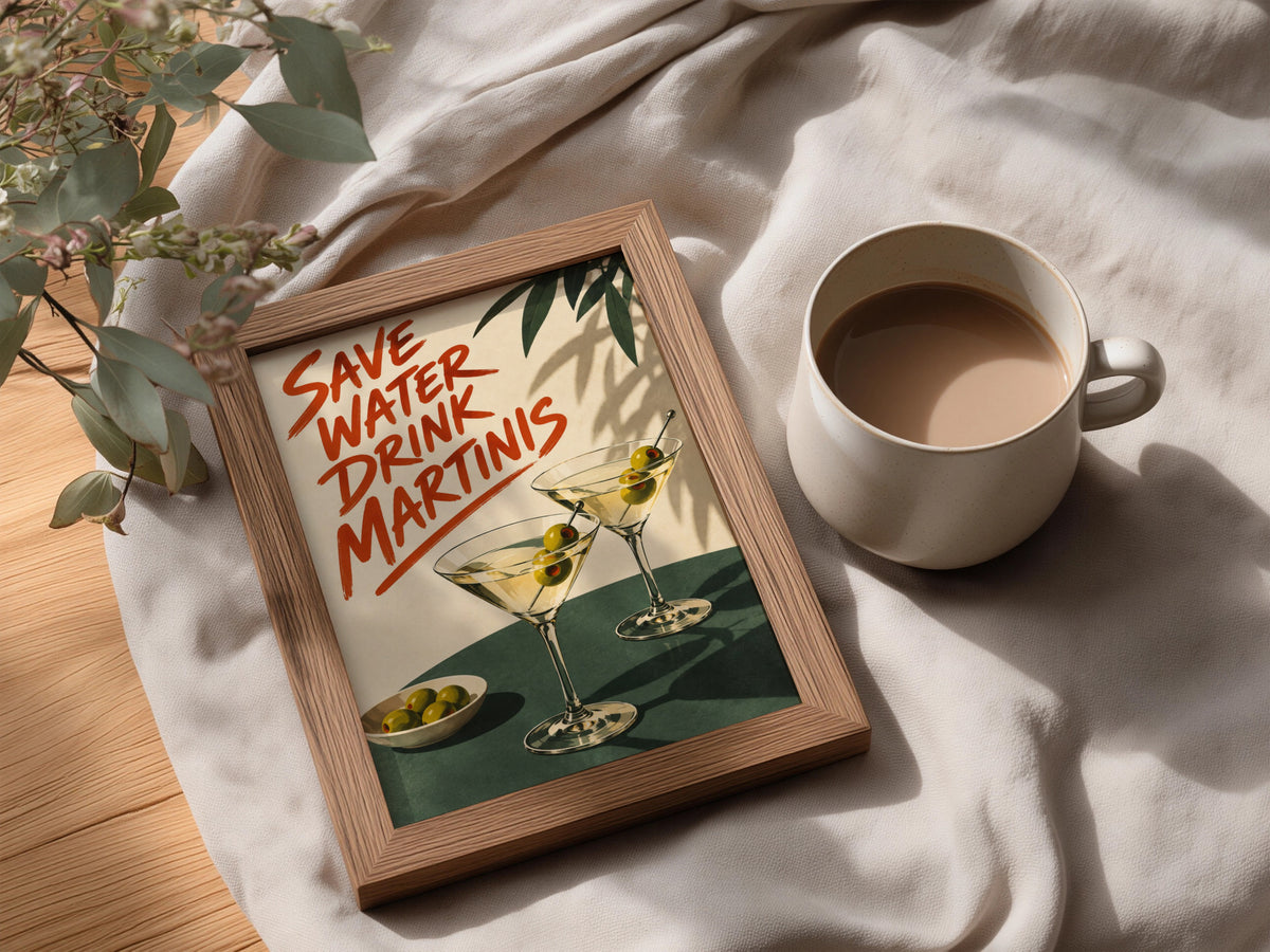 Save Water Drink Martinis Poster, Retro Cocktail Wall Art Print, Olive Green Bar Cart Kitchen Decor — styling mockup 3