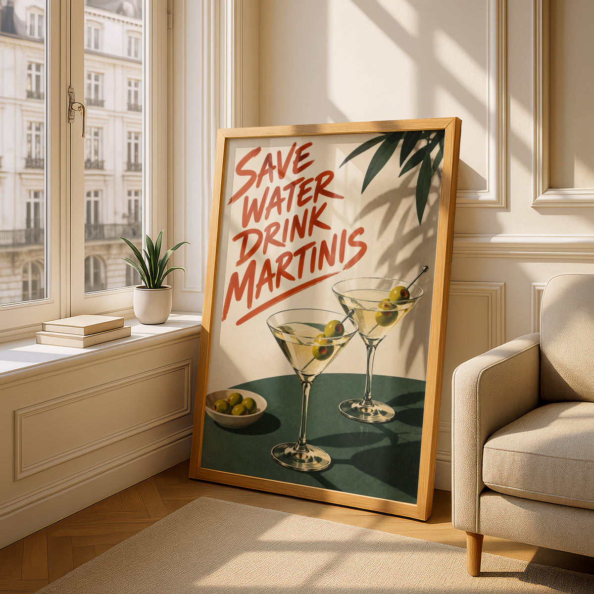 Save Water Drink Martinis Poster, Retro Cocktail Wall Art Print, Olive Green Bar Cart Kitchen Decor — styling mockup 4