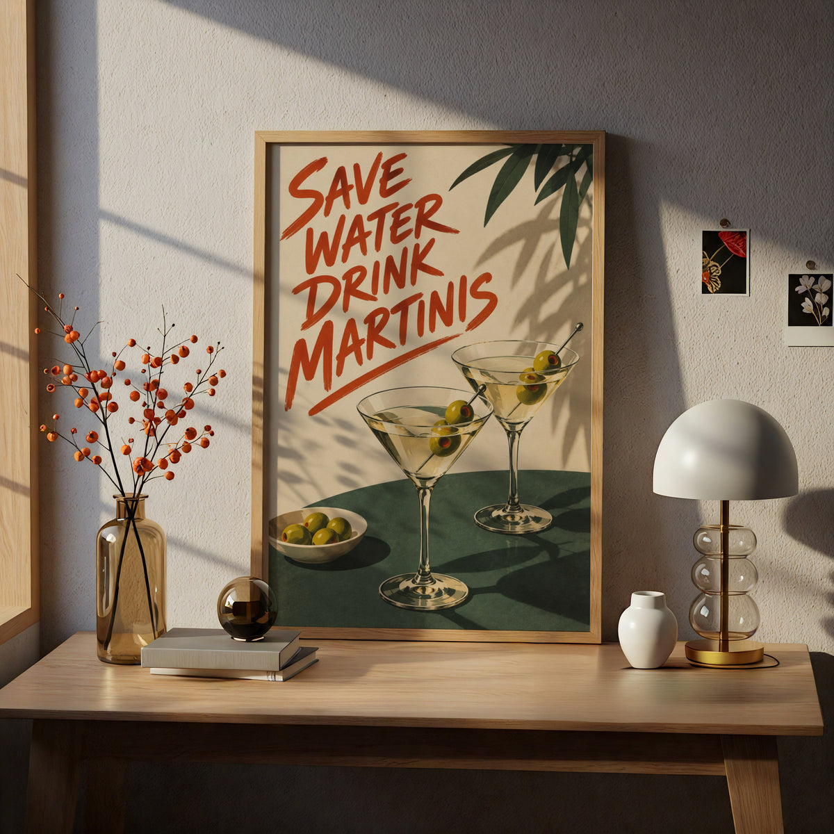 Save Water Drink Martinis Poster, Retro Cocktail Wall Art Print, Olive Green Bar Cart Kitchen Decor — styling mockup 5
