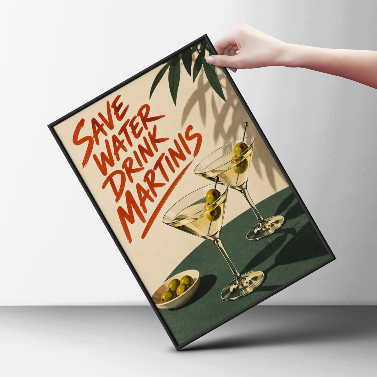 Save Water Drink Martinis Poster, Retro Cocktail Wall Art Print, Olive Green Bar Cart Kitchen Decor — styling mockup 6