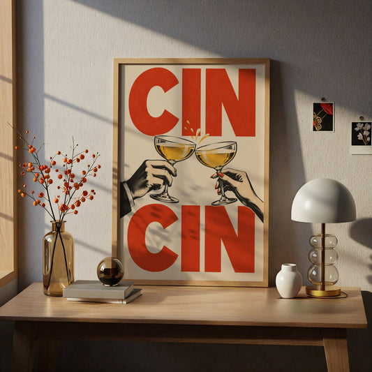 Cin Cin Poster, Retro Cocktail Toast Wall Art, Vintage Style Bar Print, Red Typography Kitchen Decor — styling mockup 5