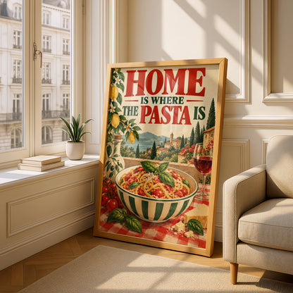 Home Is Where The Pasta Is Poster, Italian Kitchen Wall Art, Vintage Tuscan Food Art Print — styling mockup 4