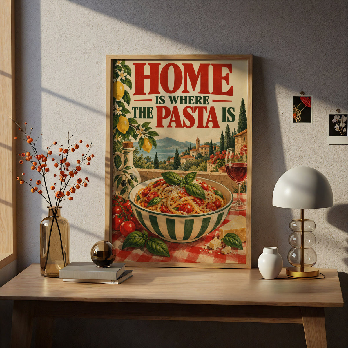 Home Is Where The Pasta Is Poster, Italian Kitchen Wall Art, Vintage Tuscan Food Art Print — styling mockup 5
