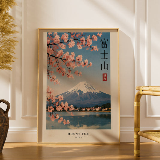 Mount Fuji Cherry Blossom Poster, Japanese Wall Art, Vintage Travel Print, Lake Kawaguchi Decor — styling mockup 1