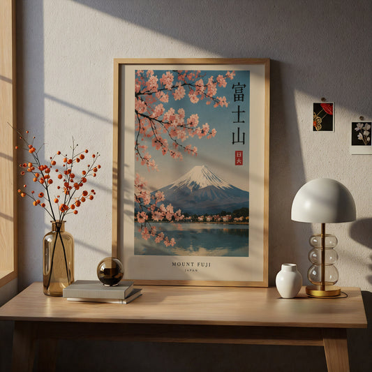 Mount Fuji Cherry Blossom Poster, Japanese Wall Art, Vintage Travel Print, Lake Kawaguchi Decor — styling mockup 5