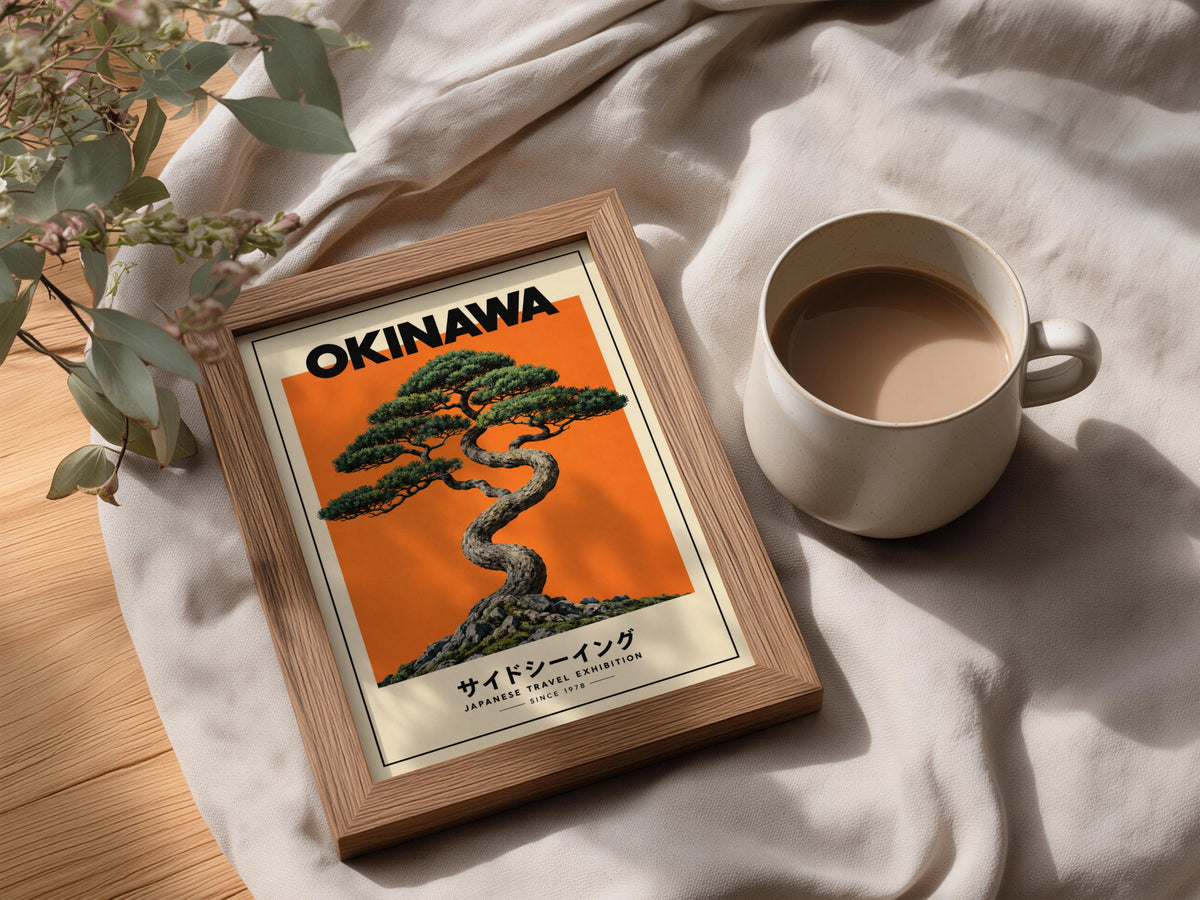 Okinawa Bonsai Pine Poster, Japanese Travel Wall Art, Orange Retro Art Print, Living Room Decor — styling mockup 3