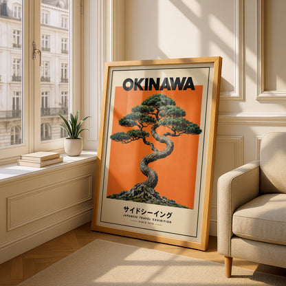 Okinawa Bonsai Pine Poster, Japanese Travel Wall Art, Orange Retro Art Print, Living Room Decor — styling mockup 4