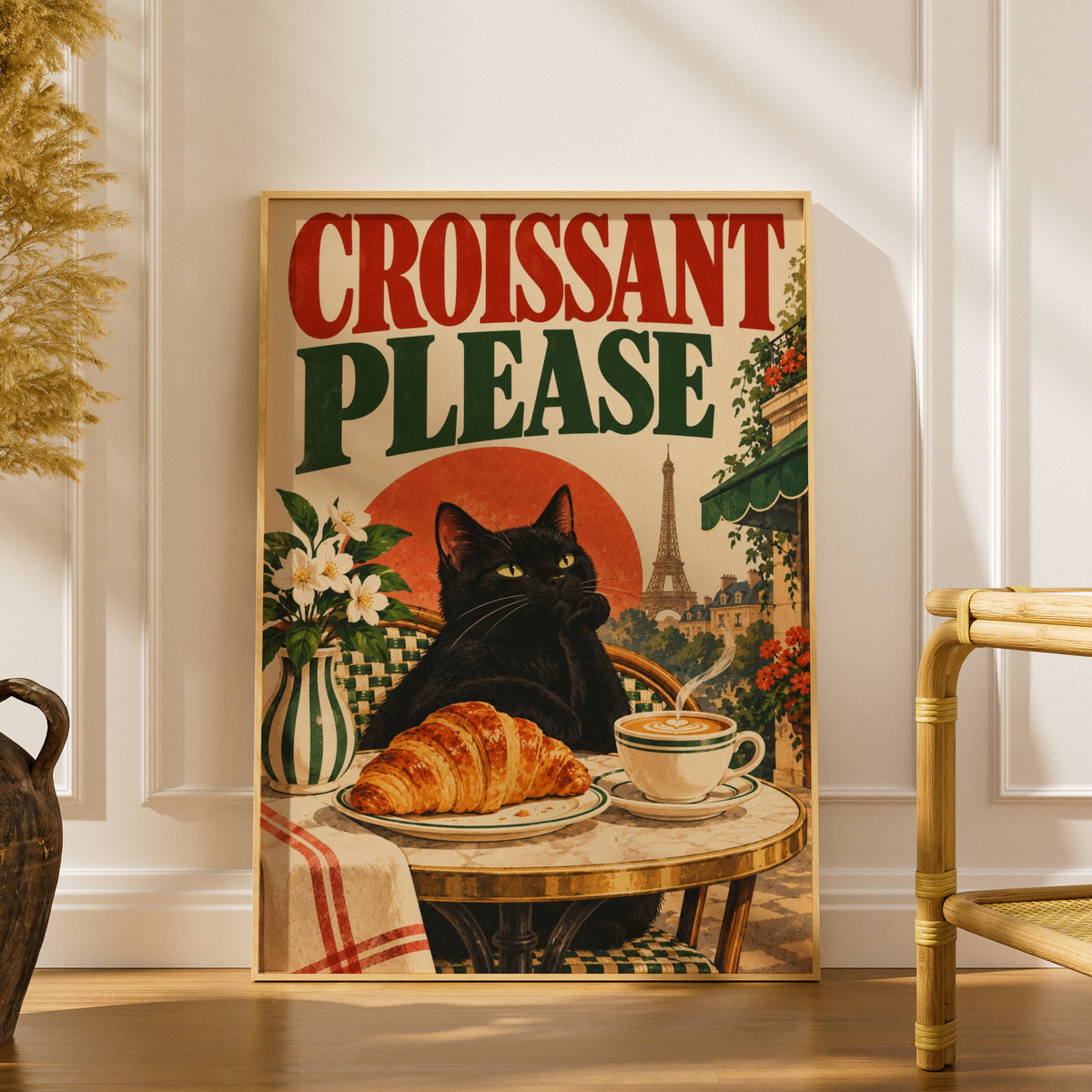 Black Cat Paris Cafe Poster, Croissant Please Vintage Wall Art, Kitchen Art Print — styling mockup 1