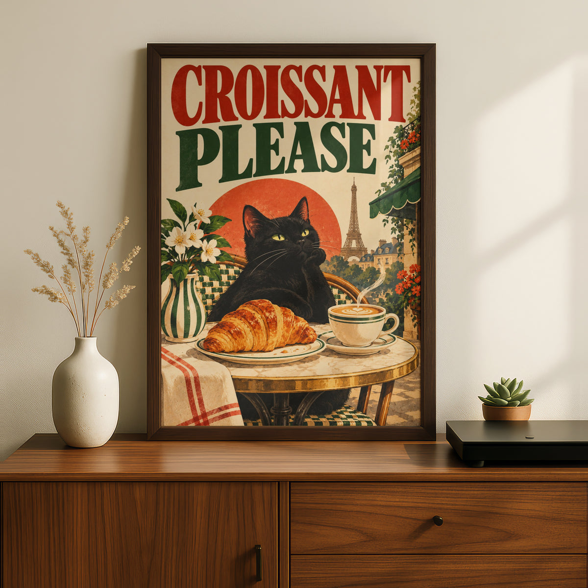 Black Cat Paris Cafe Poster, Croissant Please Vintage Wall Art, Kitchen Art Print — styling mockup 2