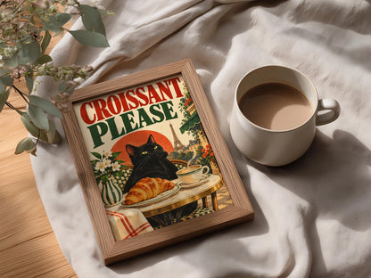 Black Cat Paris Cafe Poster, Croissant Please Vintage Wall Art, Kitchen Art Print — styling mockup 3